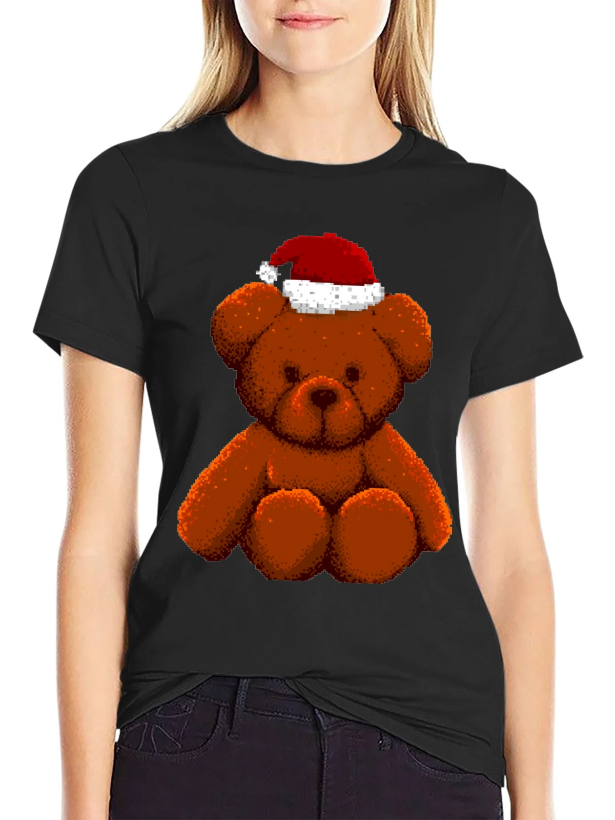 Pixelated Teddy Bear in Santa Hat Graphic Tee
