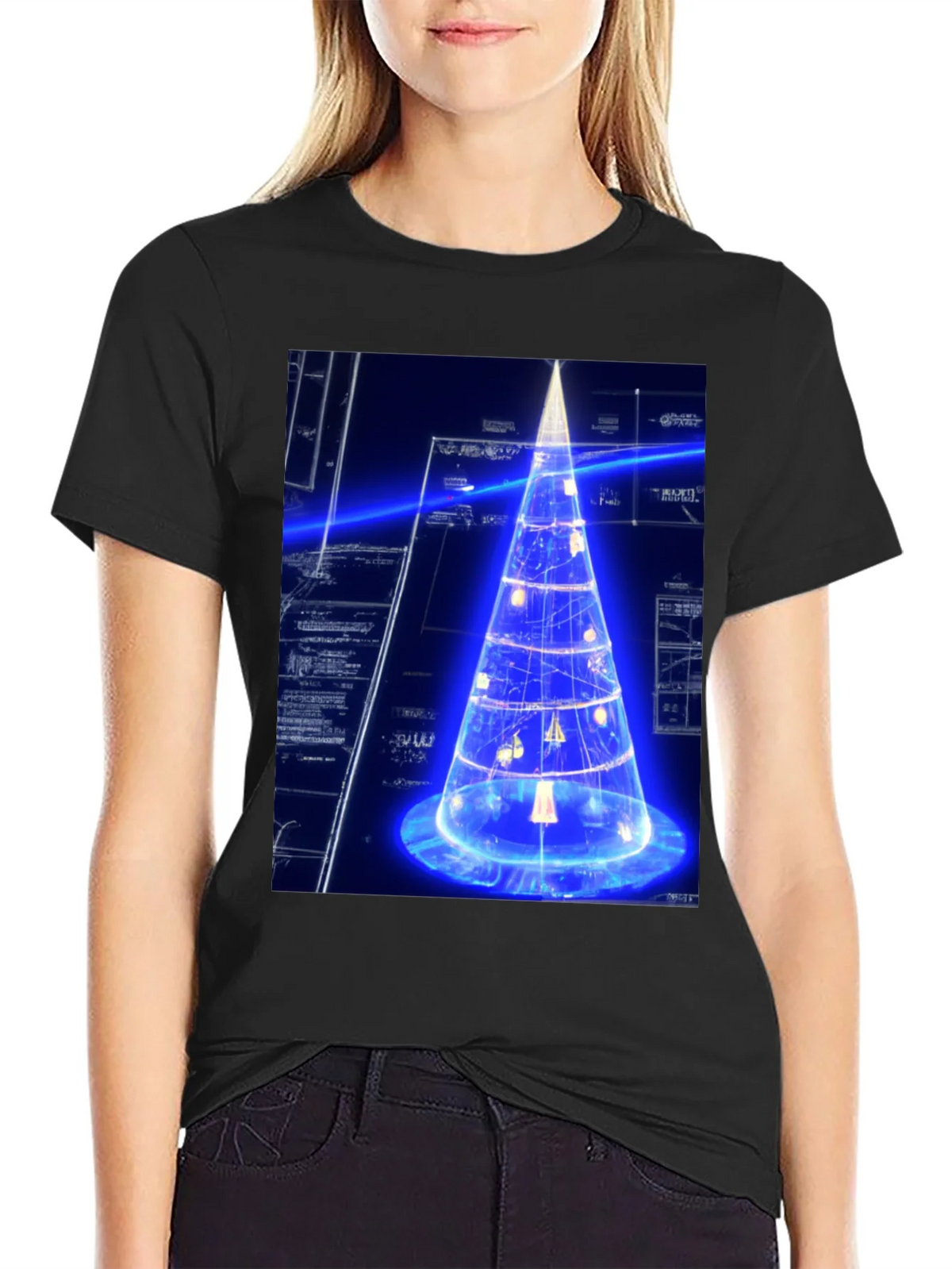 Futuristic Tech Christmas Tree Black T-Shirt product image 2