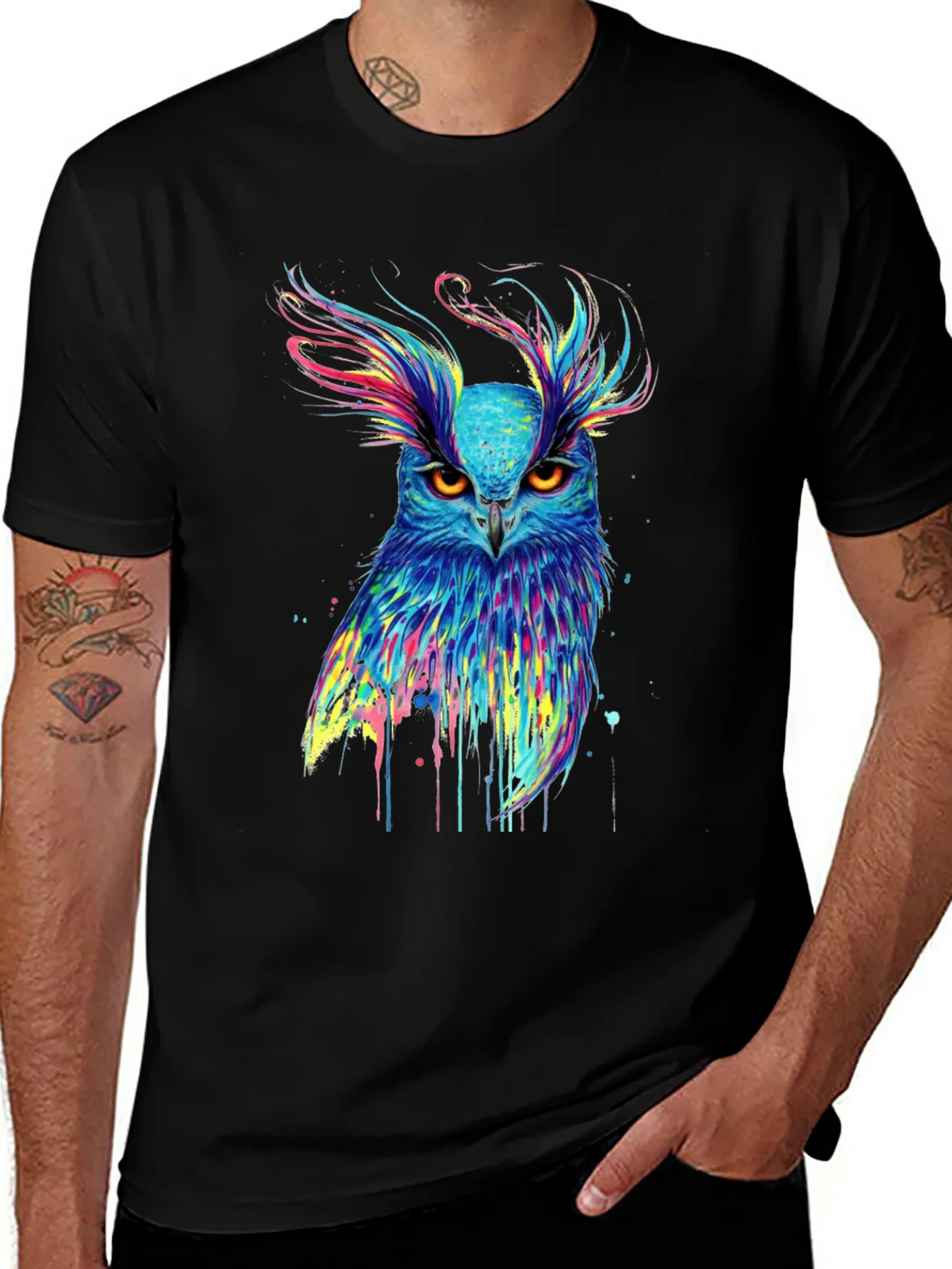 Colorful Owl Graphic Print Black T-Shirt product image 1