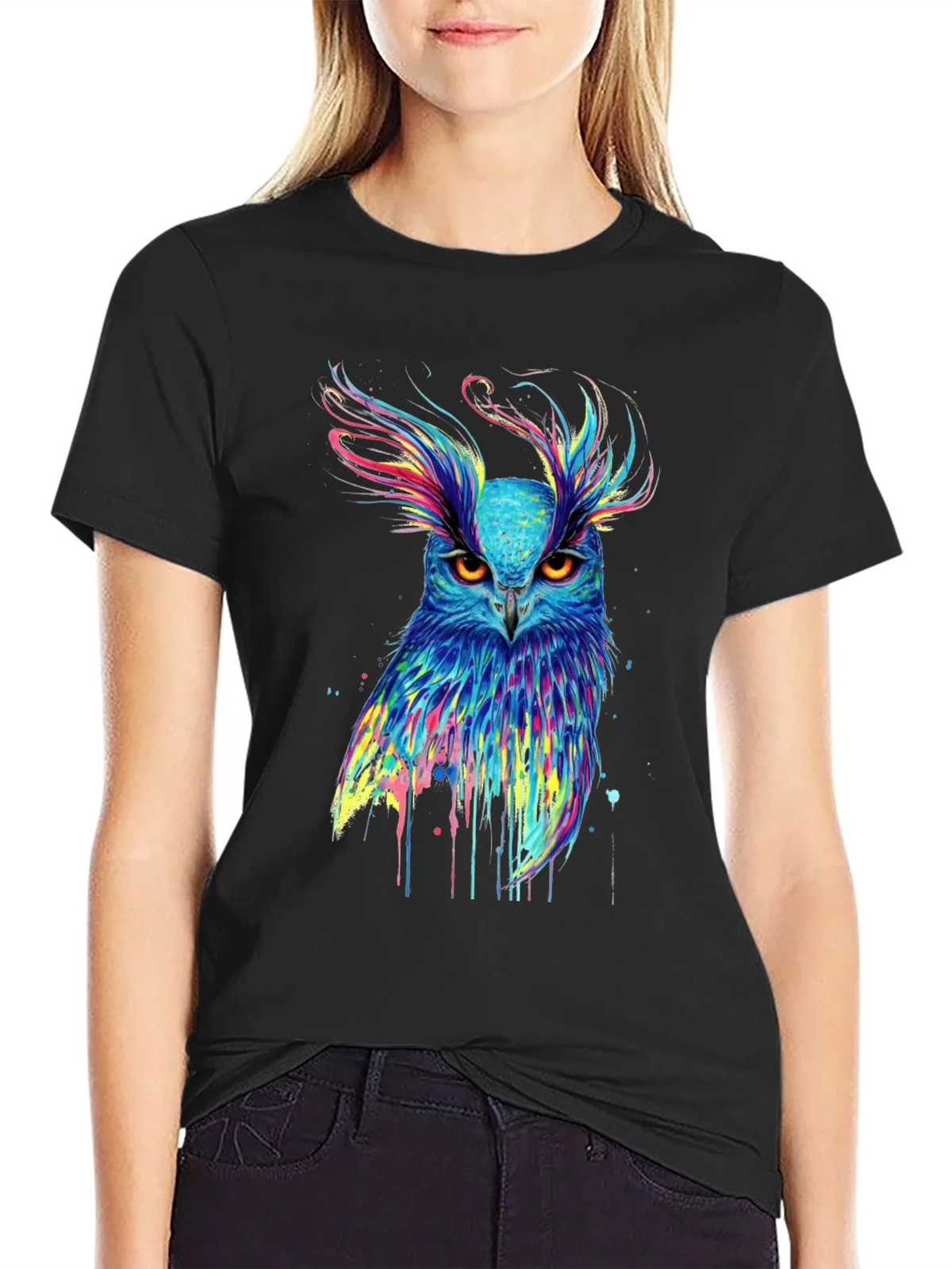 Colorful Owl Graphic Print Black T-Shirt product image 2
