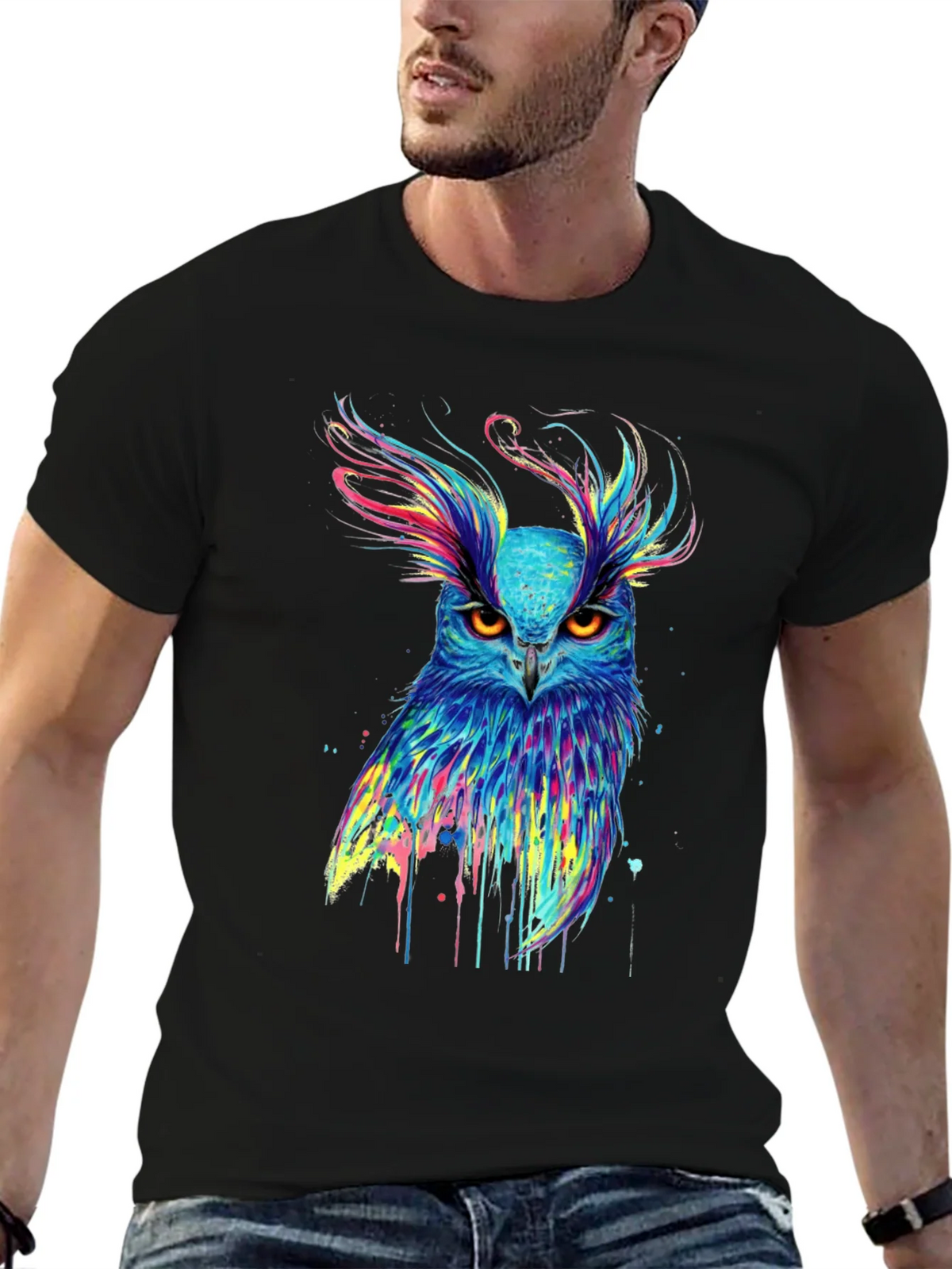 Colorful Owl Graphic Print Black T-Shirt product image 6