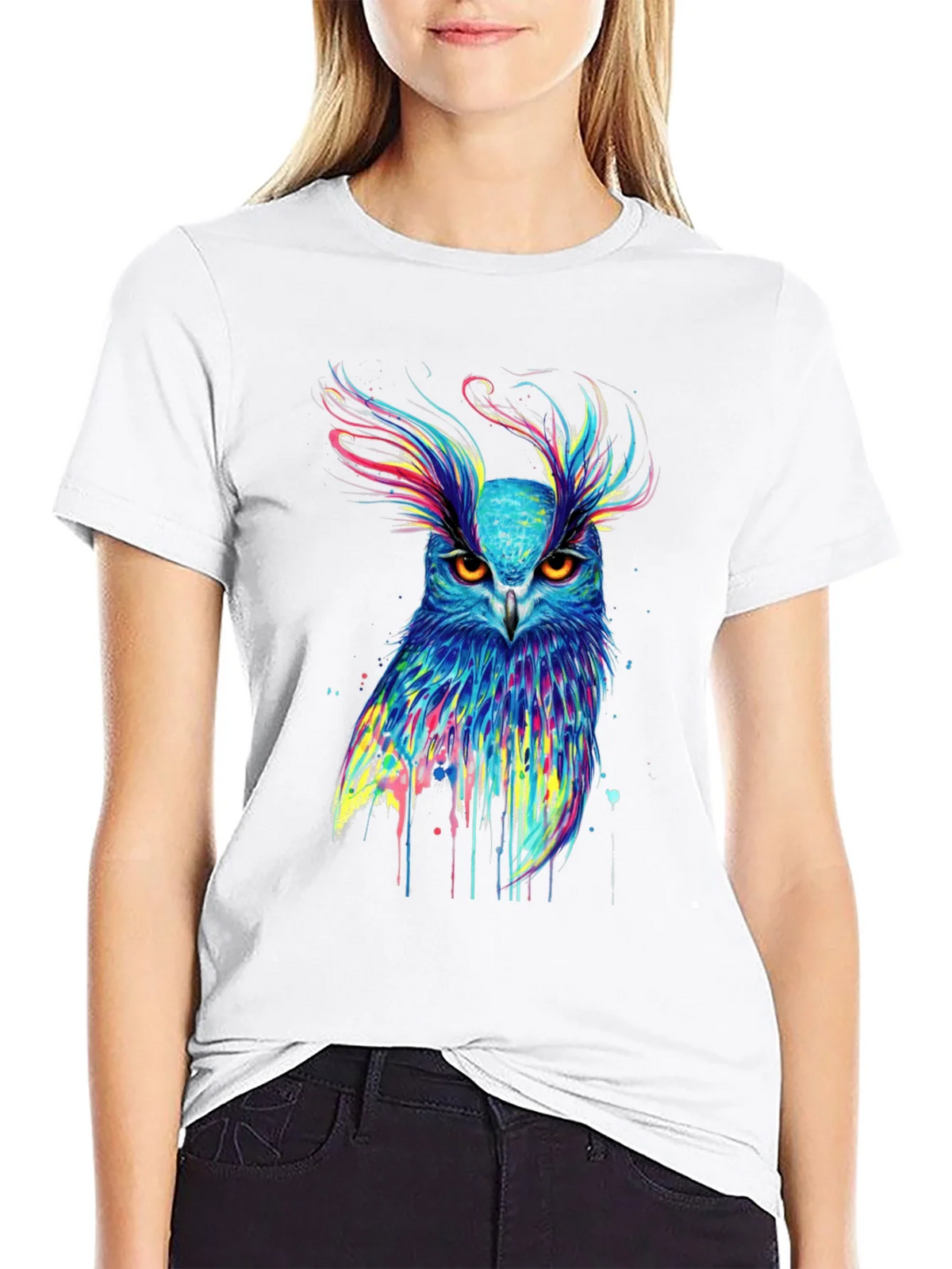 Colorful Owl Graphic Print Black T-Shirt product image 8