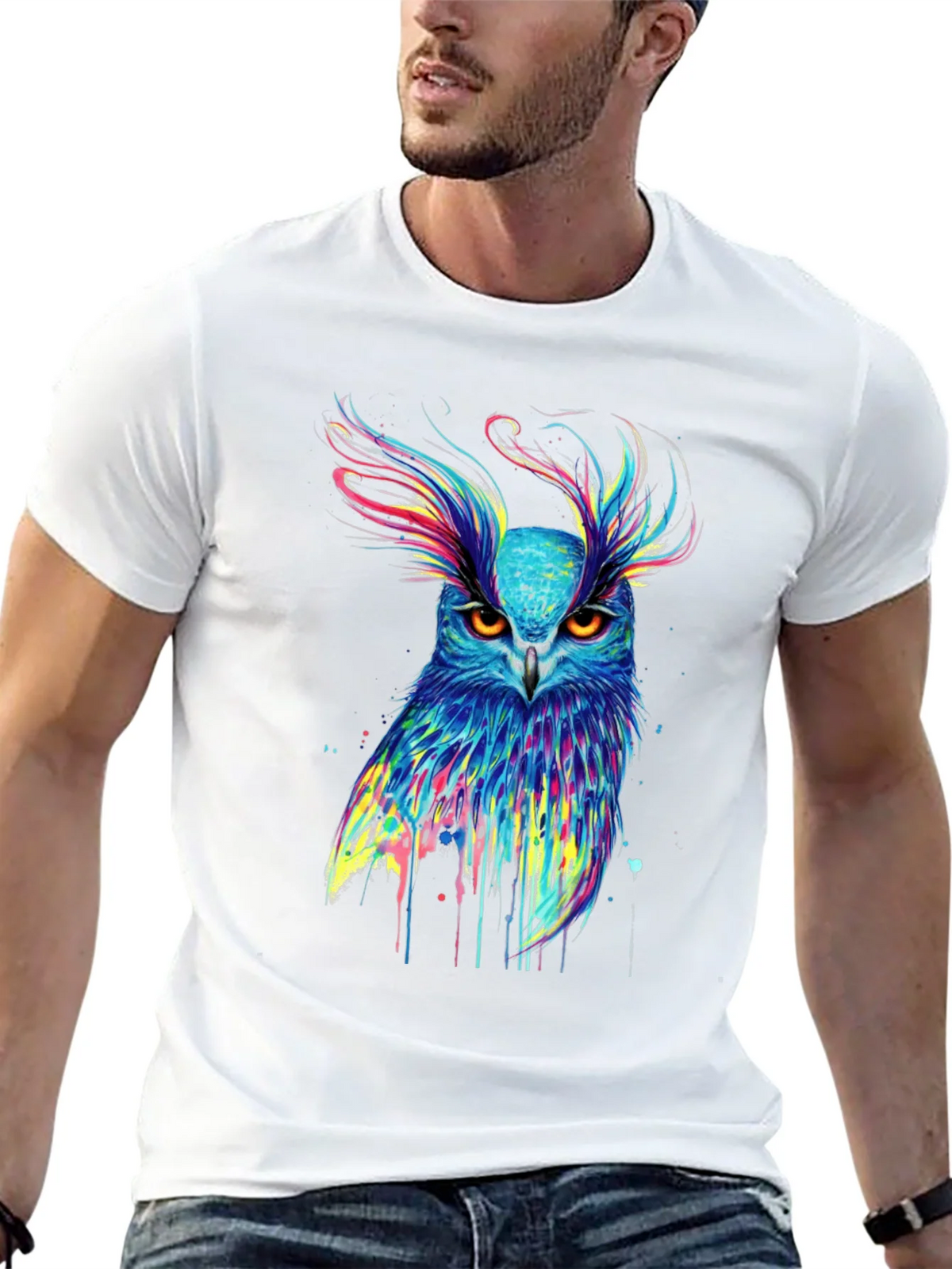 Colorful Owl Graphic Print Black T-Shirt product image 12