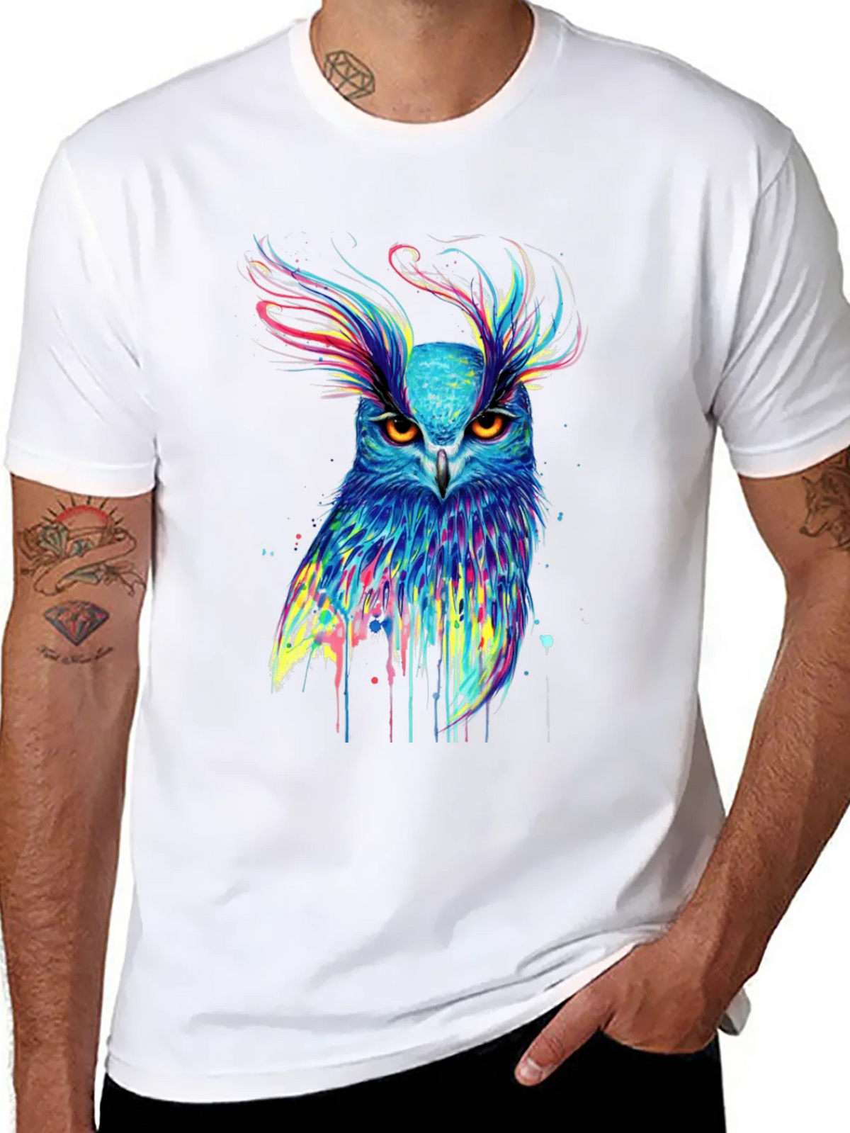 Colorful Owl Graphic Print Black T-Shirt product image 7