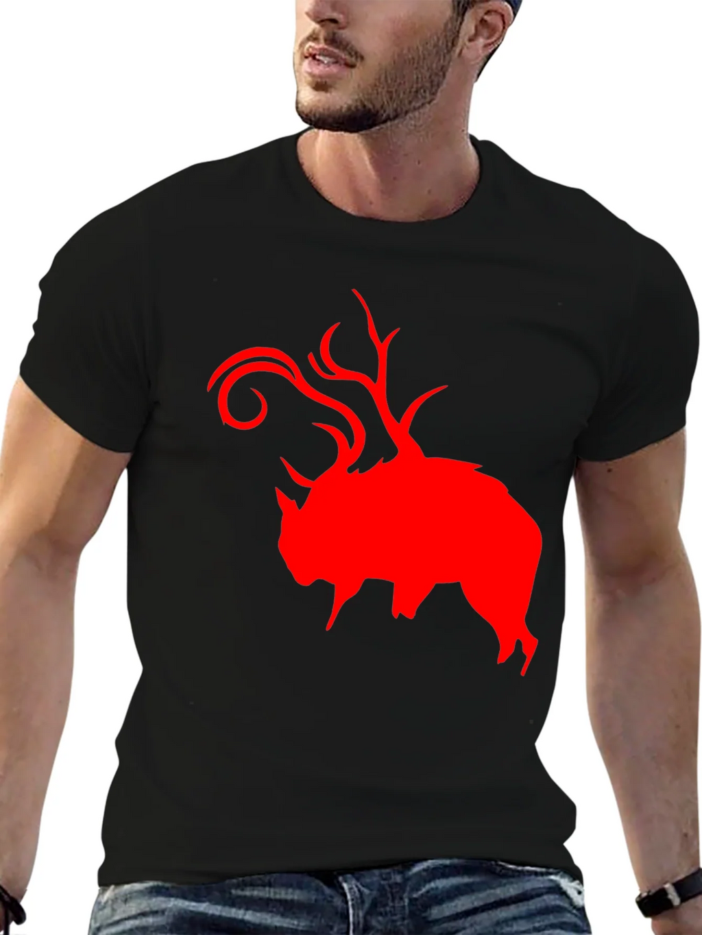 Red Buffalo Deer Head Graphic Black T-Shirt product image 6