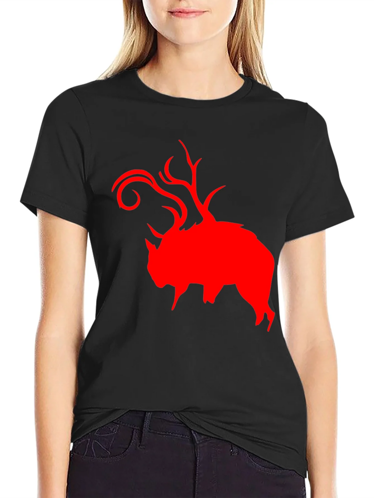 Red Buffalo Deer Head Graphic Black T-Shirt product image 2