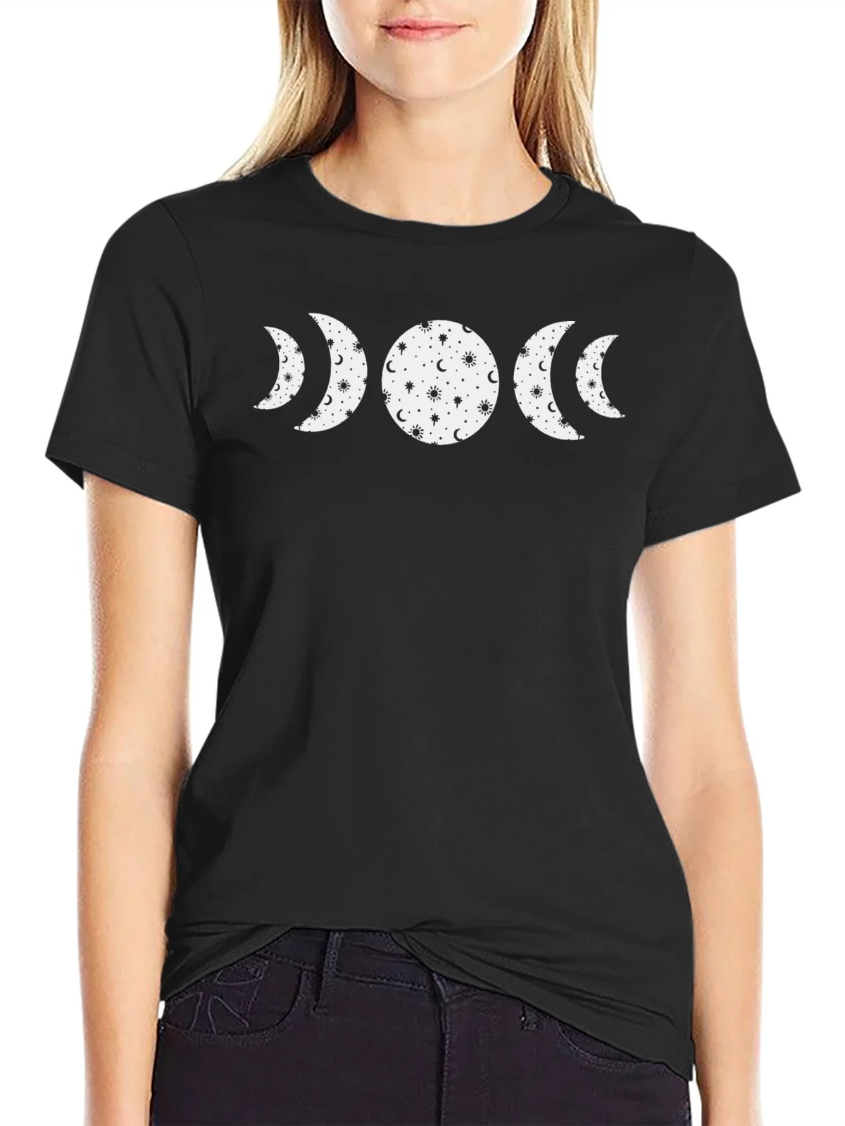 Celestial Moon Phase Graphic Tee - Black Cotton product image 2
