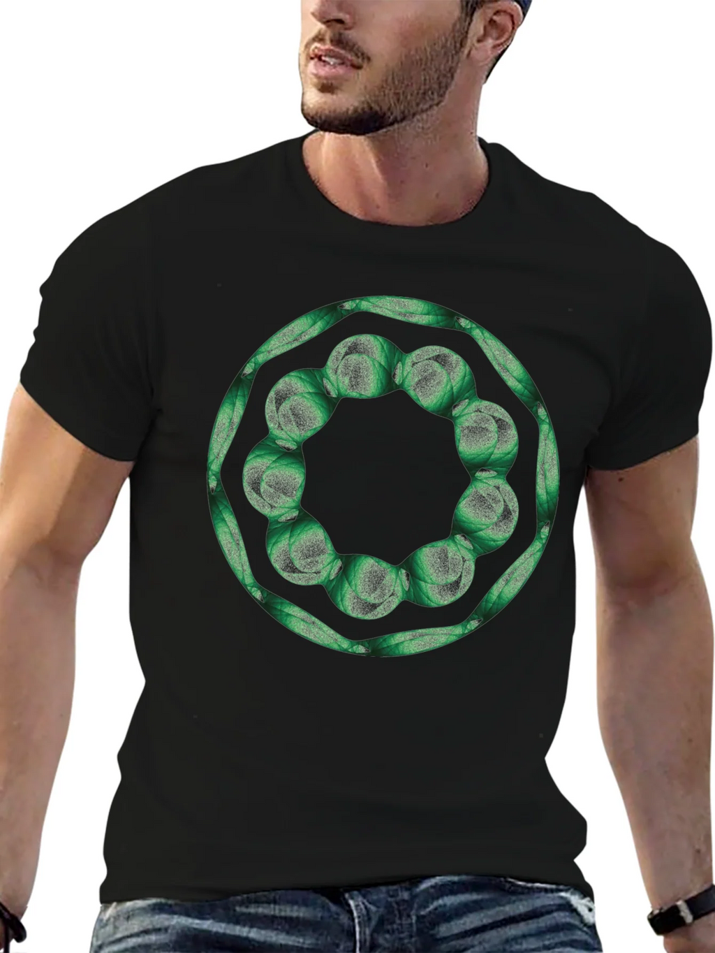 Geometric Green Floral Ring Black T-Shirt