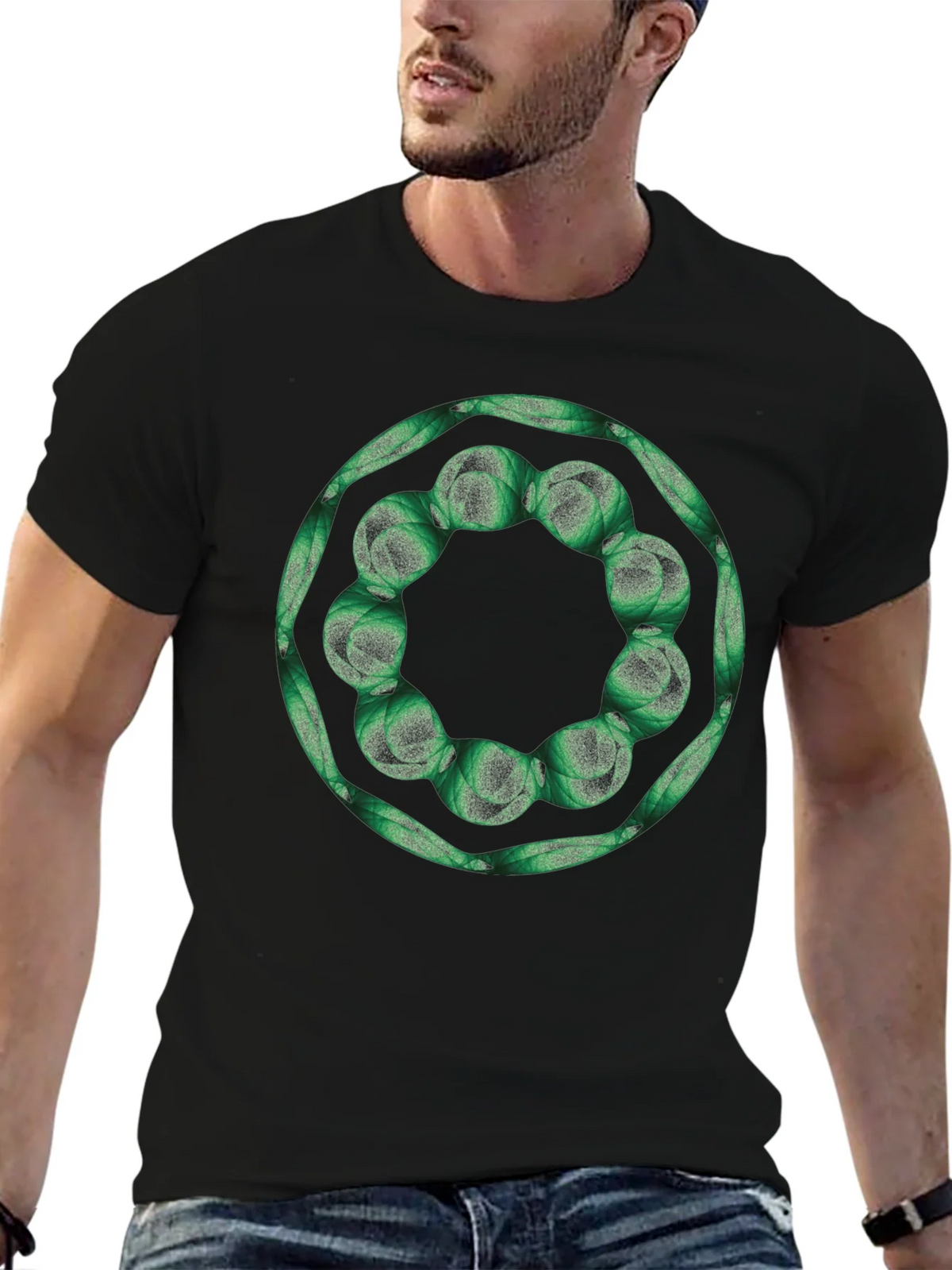 Geometric Green Floral Ring Black T-Shirt