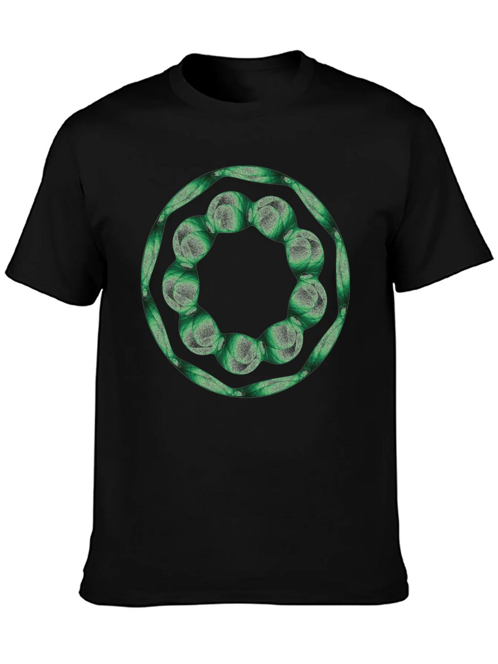 Geometric Green Floral Ring Black T-Shirt