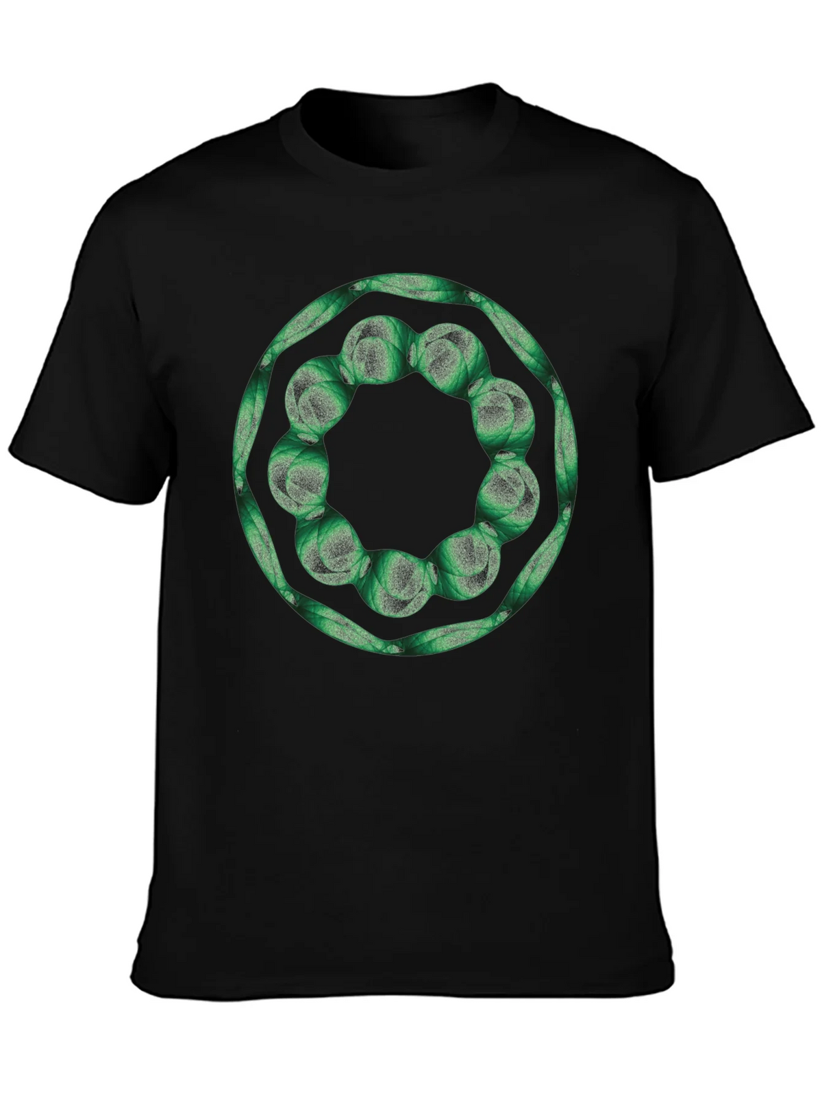 Geometric Green Floral Ring Black T-Shirt