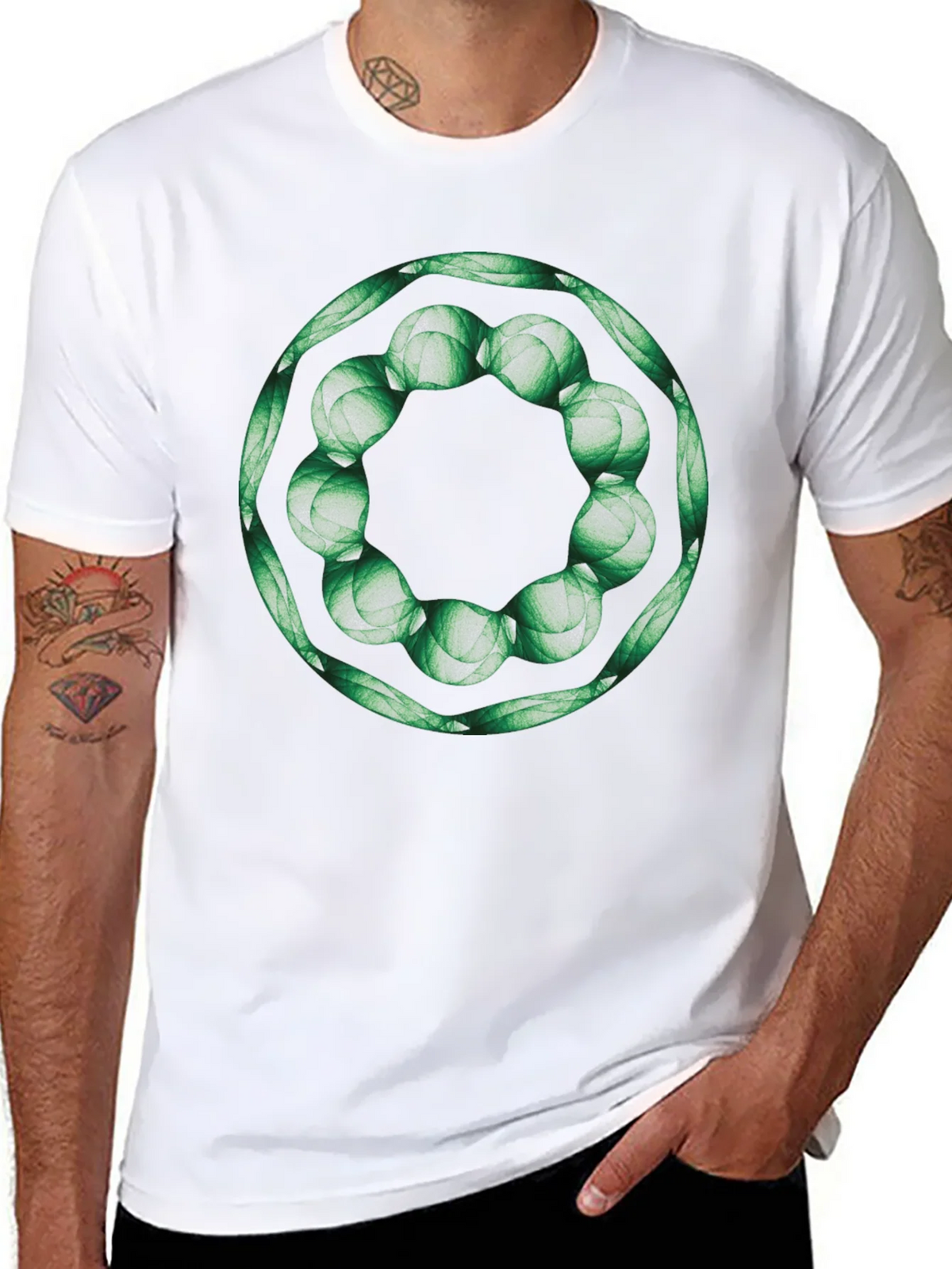 Geometric Green Floral Ring Black T-Shirt