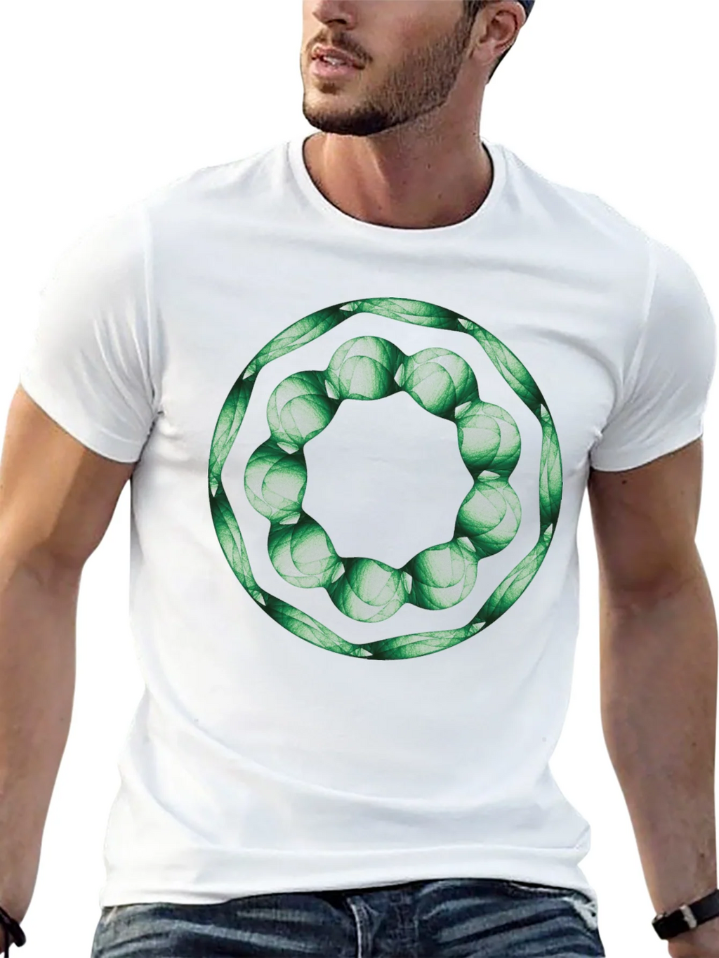 Geometric Green Floral Ring Black T-Shirt