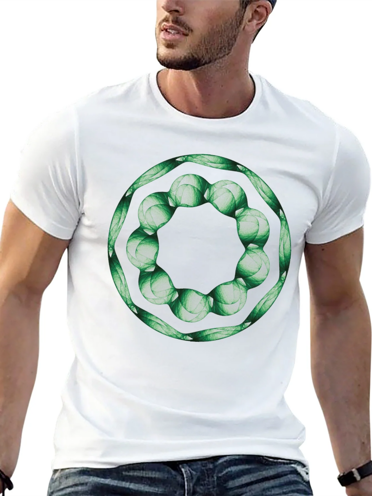 Geometric Green Floral Ring Black T-Shirt