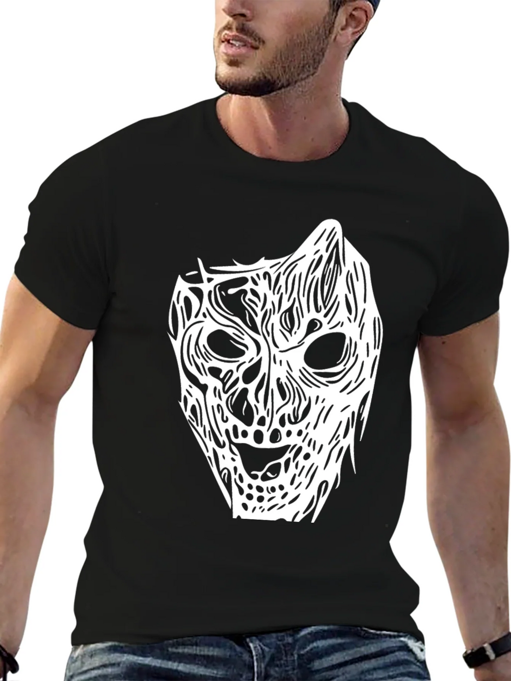 Horror Mask Graphic Tee - Black Cotton Shirt product image 6