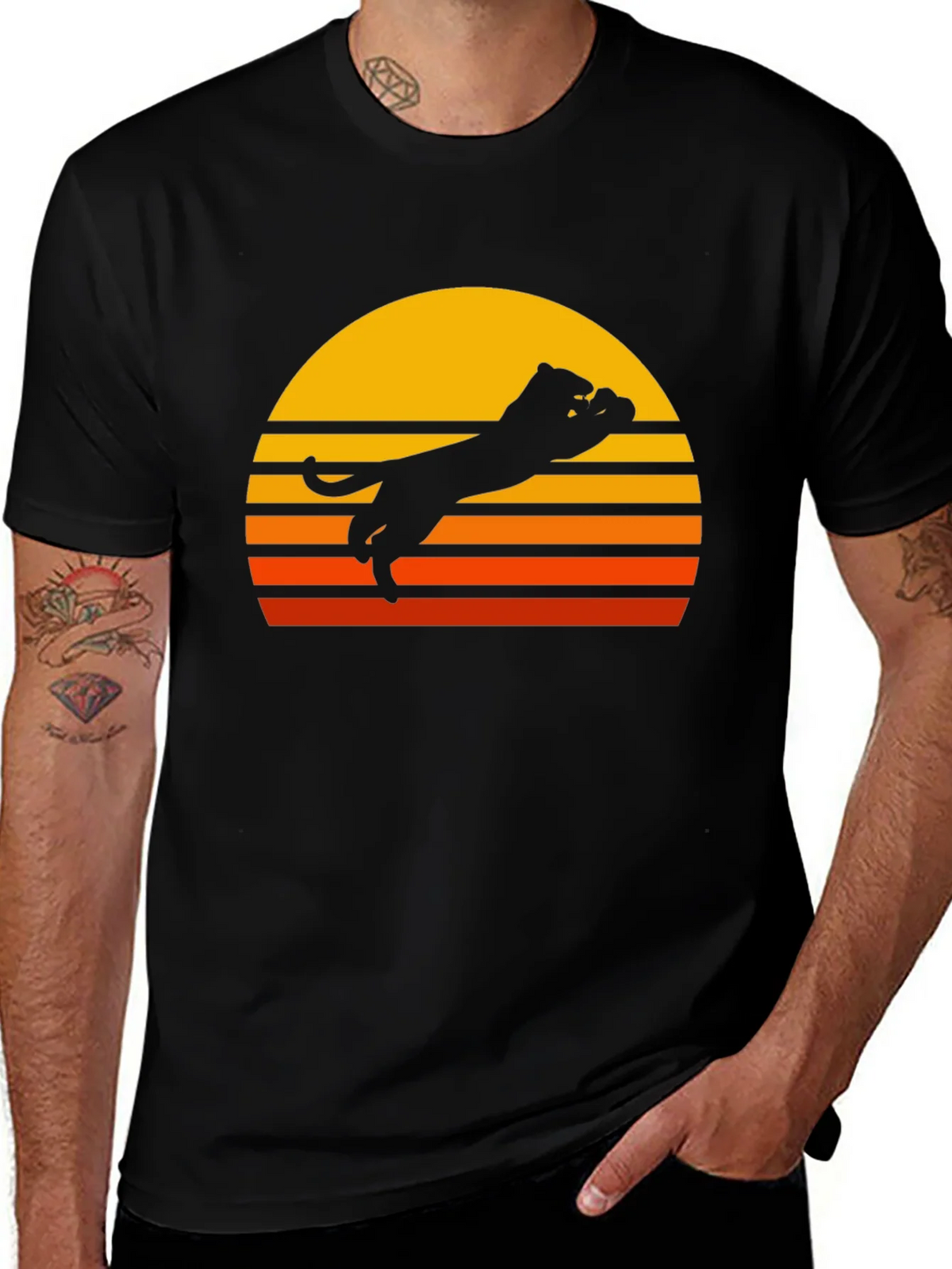 Retro Sunset Panther Black T-Shirt product image 1