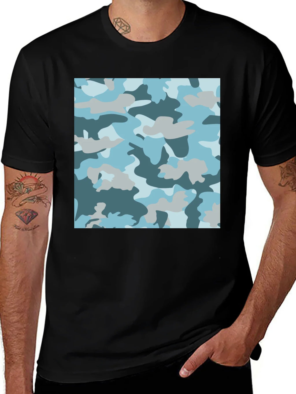 Blue Camo Print Black T-Shirt - Stylish Casual Wear product image 1
