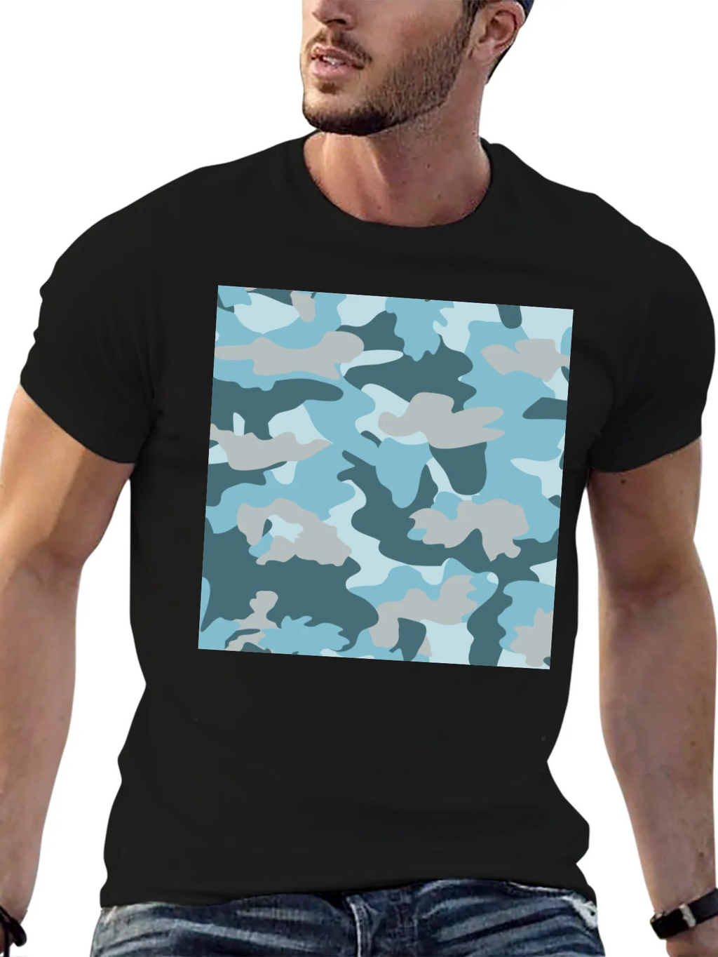 Blue Camo Print Black T-Shirt - Stylish Casual Wear product image 6