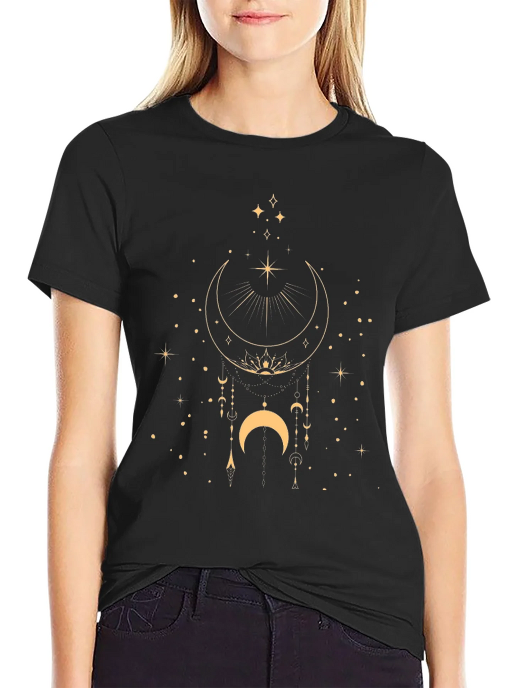 Celestial Moon & Stars Graphic Black T-Shirt product image 2
