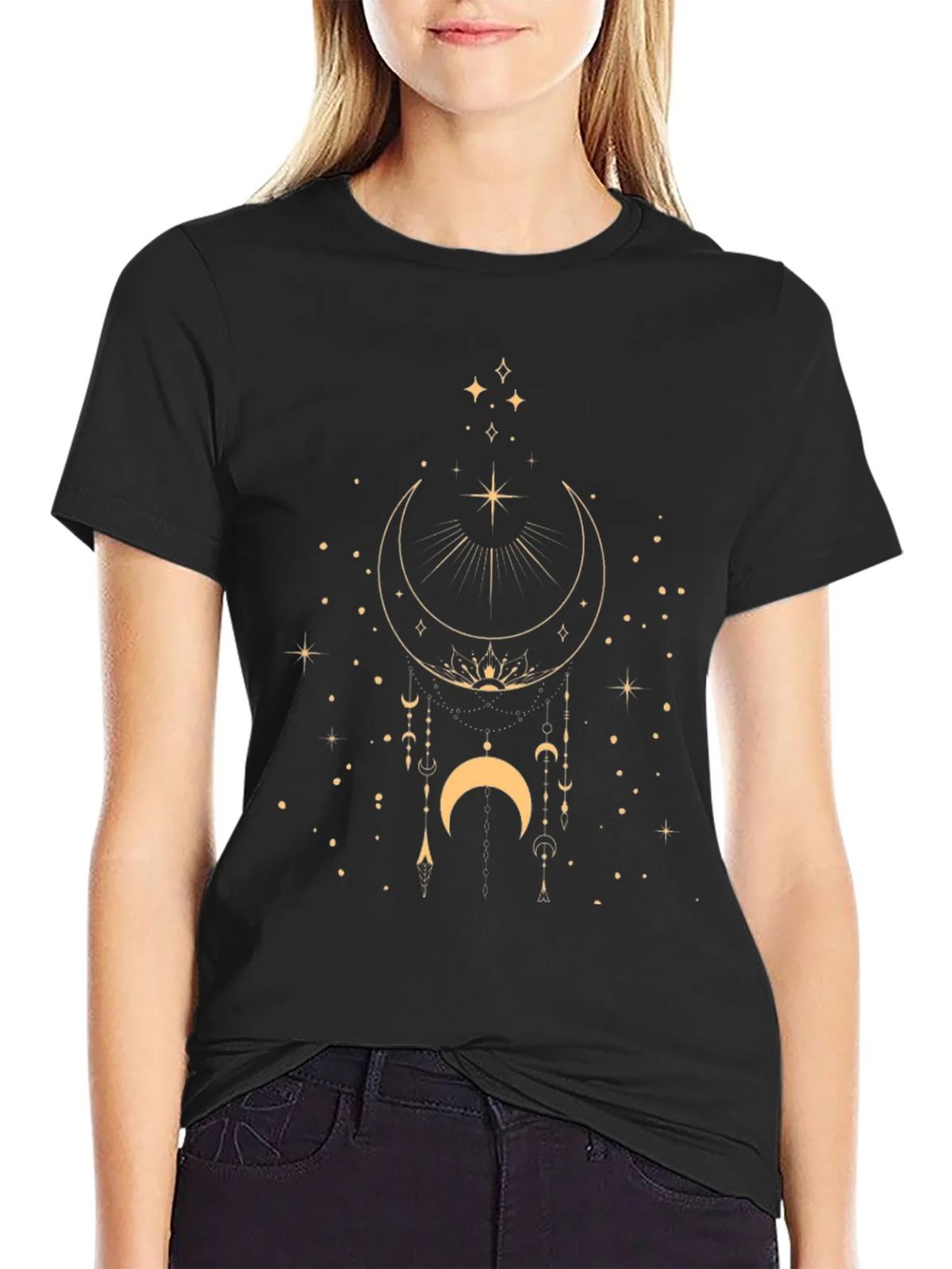 Celestial Moon & Stars Graphic Black T-Shirt product image 2