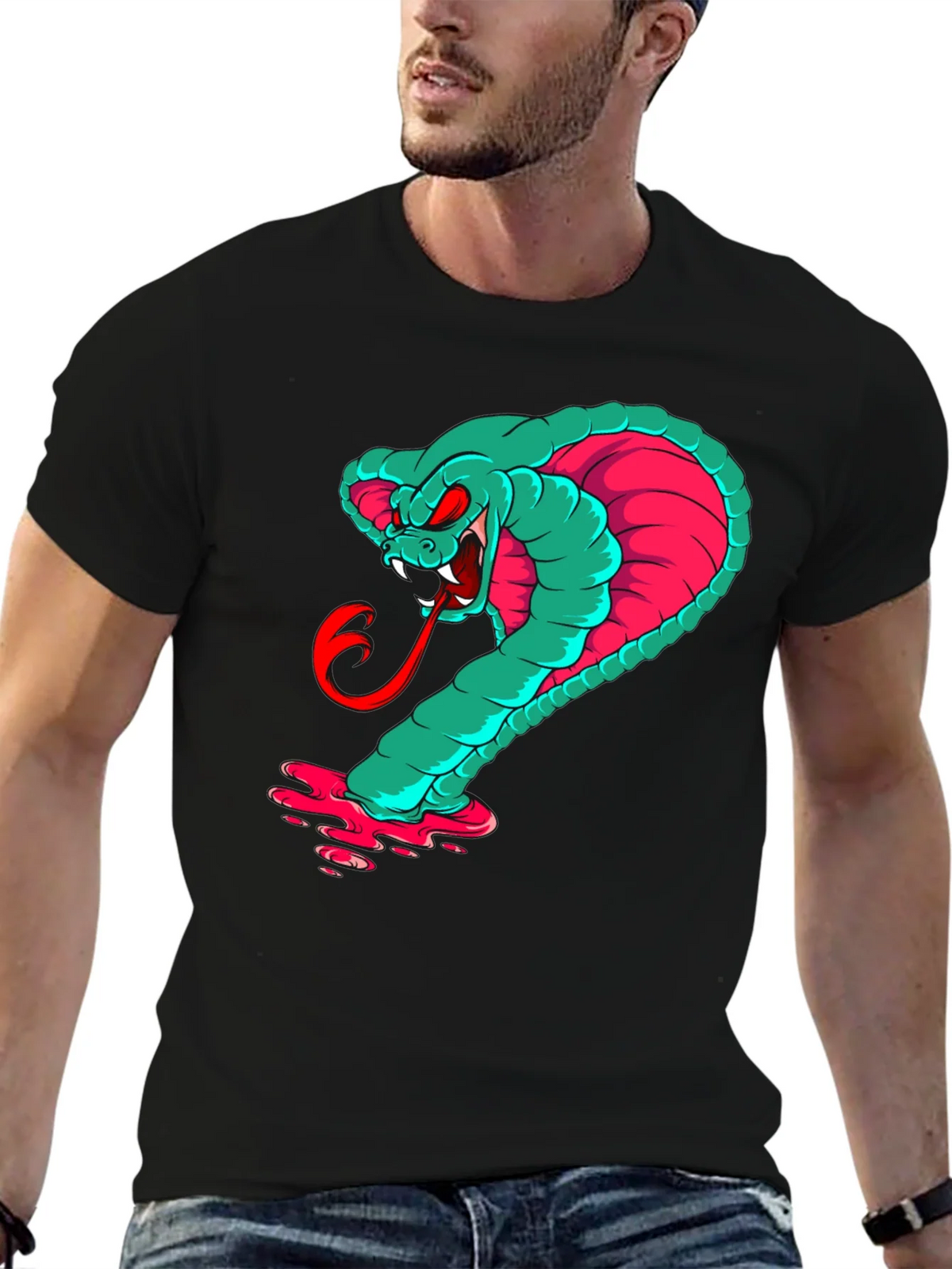 Mens Graphic Cobra T-Shirt - Teal & Pink Snake product image 3