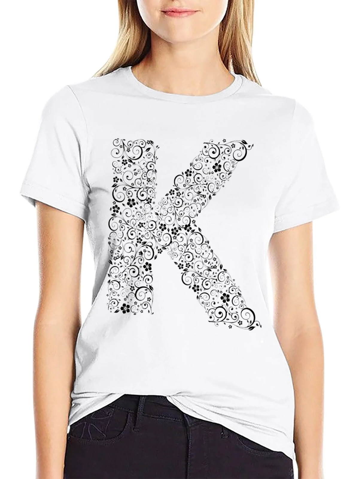 Floral Letter K Black T-Shirt product image 8