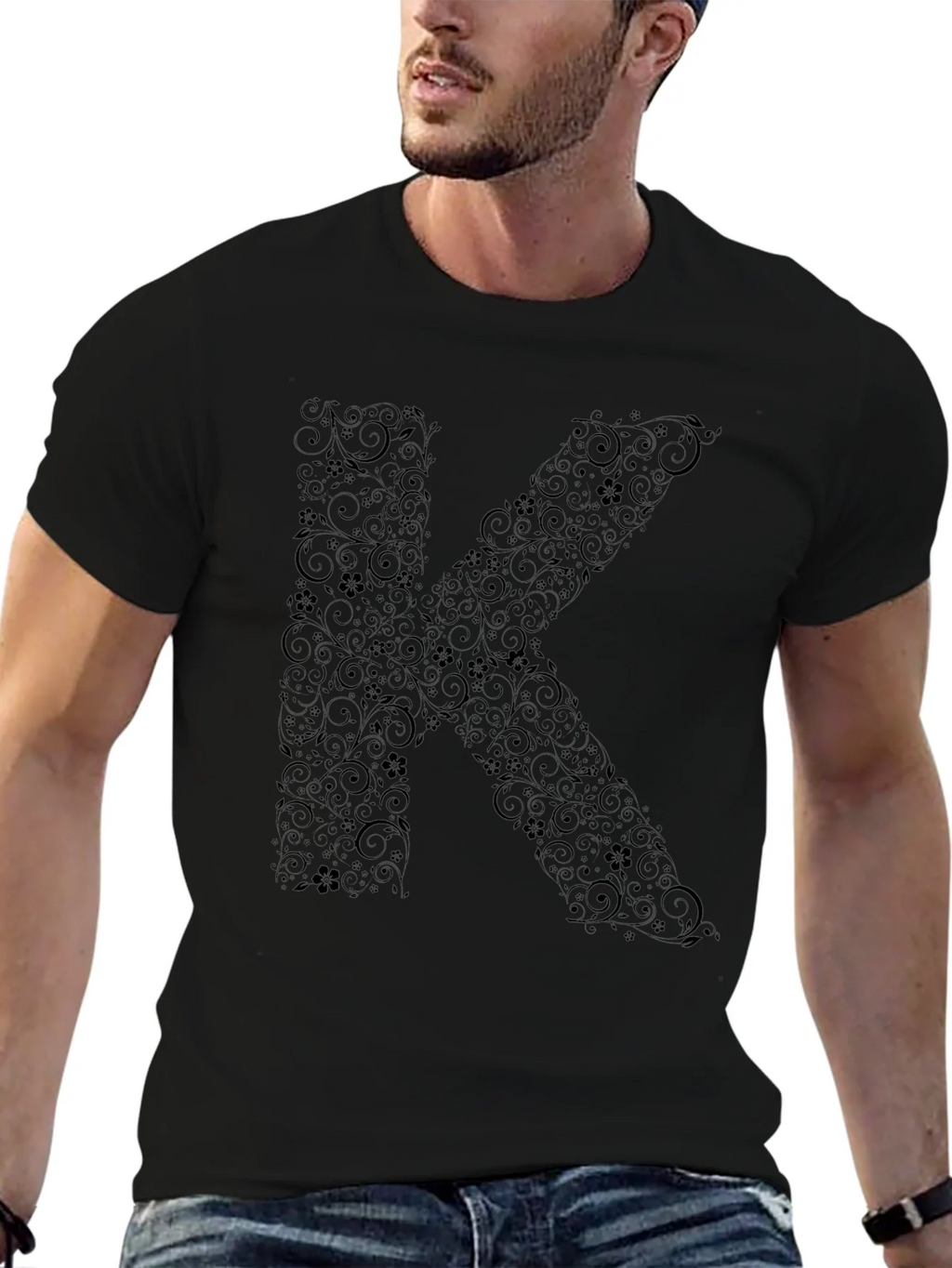 Floral Letter K Black T-Shirt product image 6