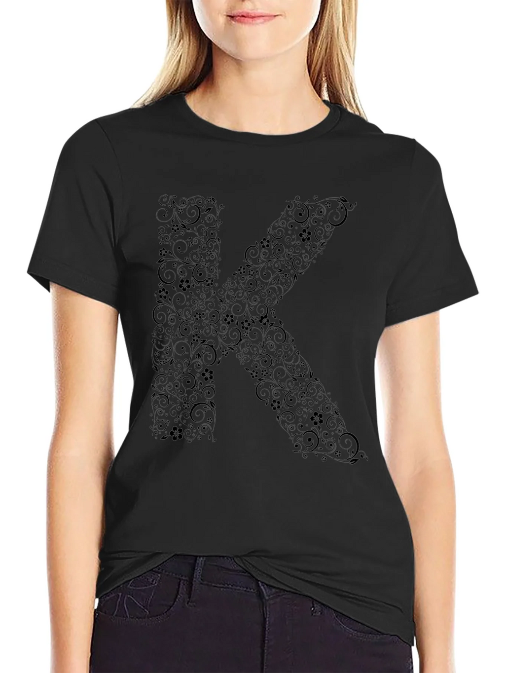 Floral Letter K Black T-Shirt product image 2