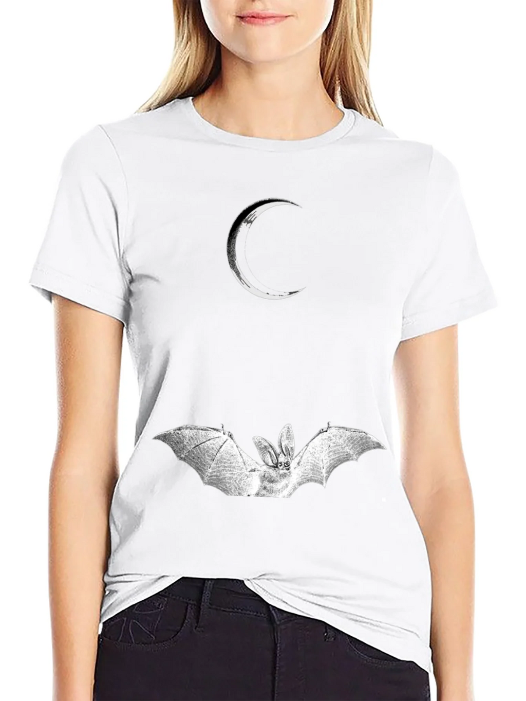 Crescent Moon and Bat Graphic Black T-Shirt product image 8