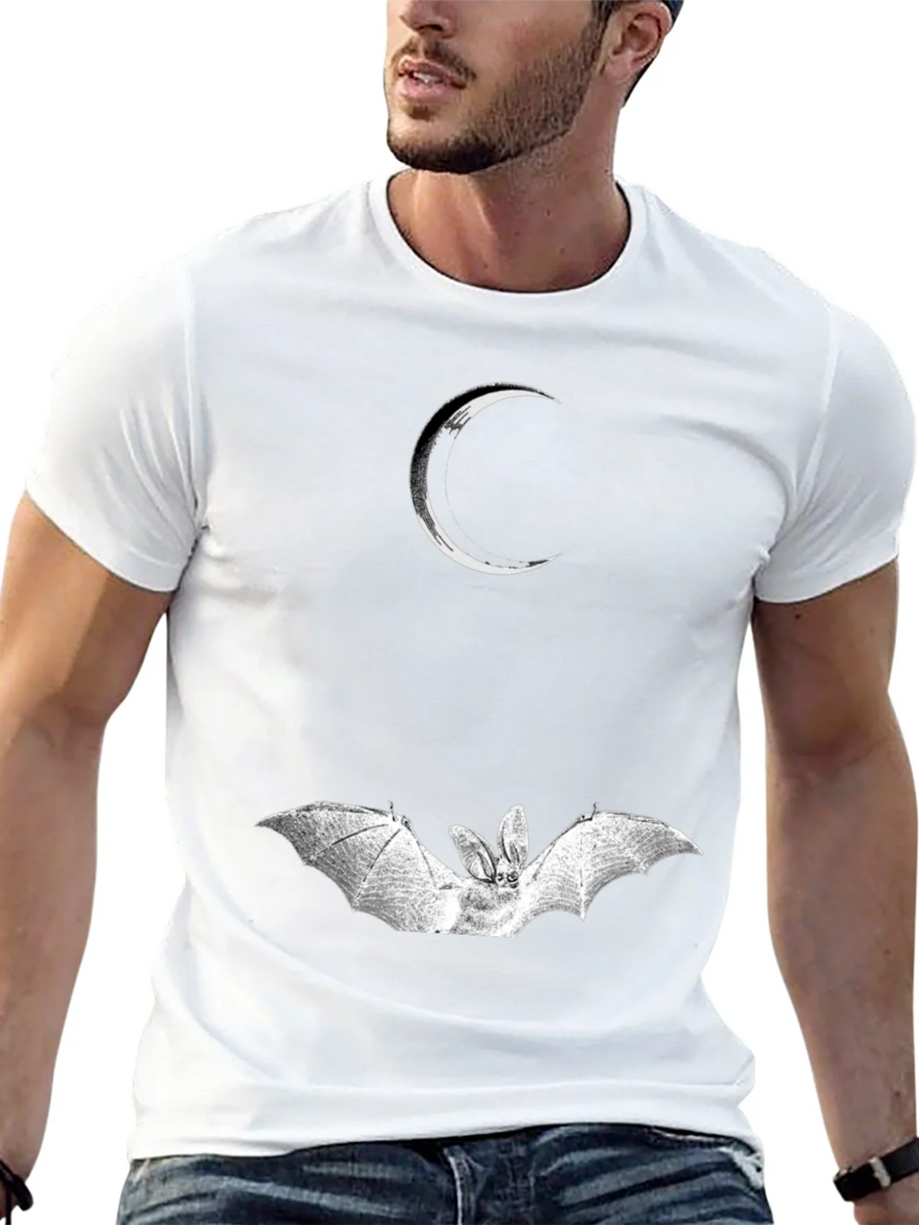 Crescent Moon and Bat Graphic Black T-Shirt product image 12