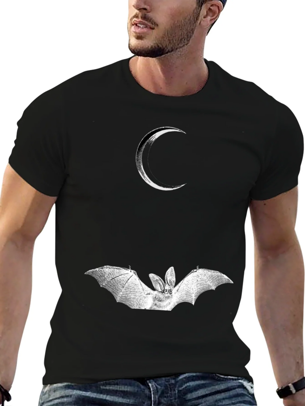 Crescent Moon and Bat Graphic Black T-Shirt product image 6