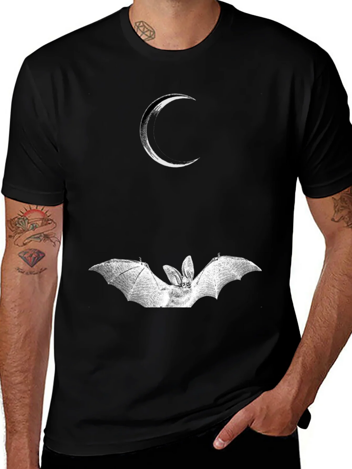 Crescent Moon and Bat Graphic Black T-Shirt product image 1