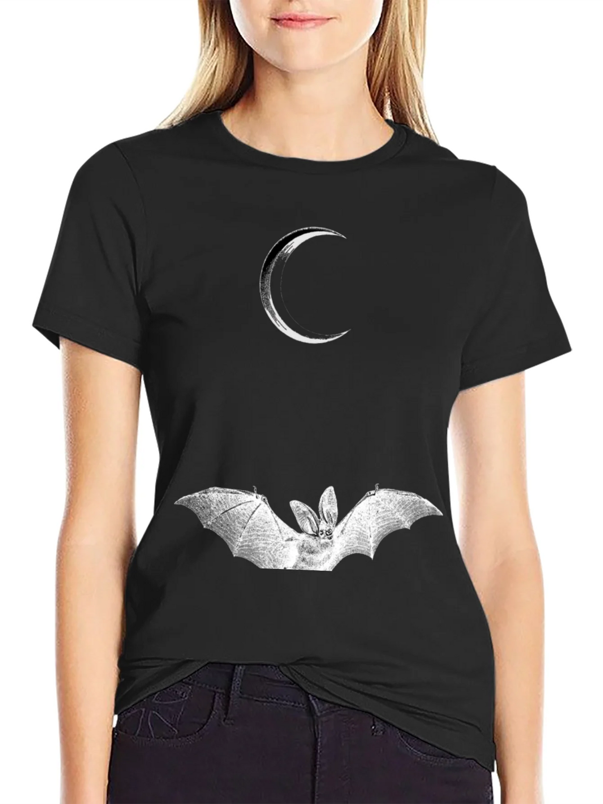Crescent Moon and Bat Graphic Black T-Shirt product image 2