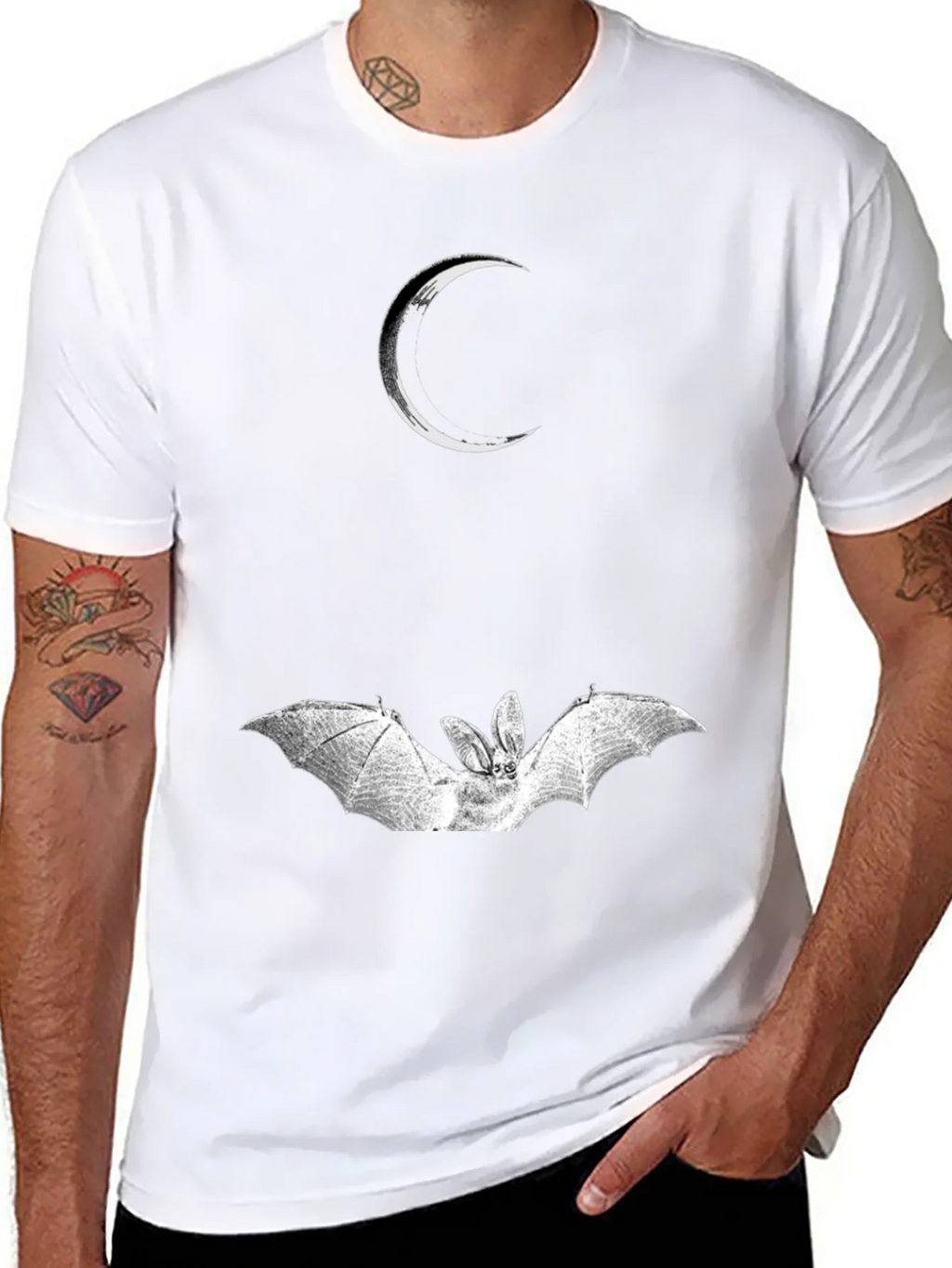 Crescent Moon and Bat Graphic Black T-Shirt product image 7