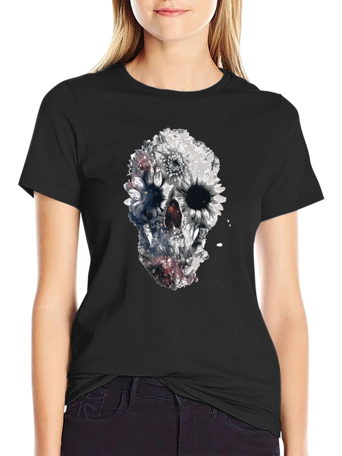 Floral Skull Graphic Black T-Shirt product image 2