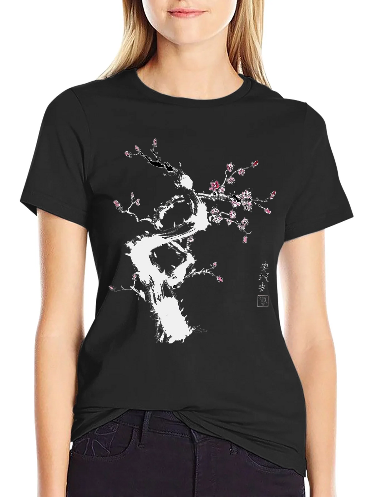 Black T-Shirt with White Floral Tree Design product image 2