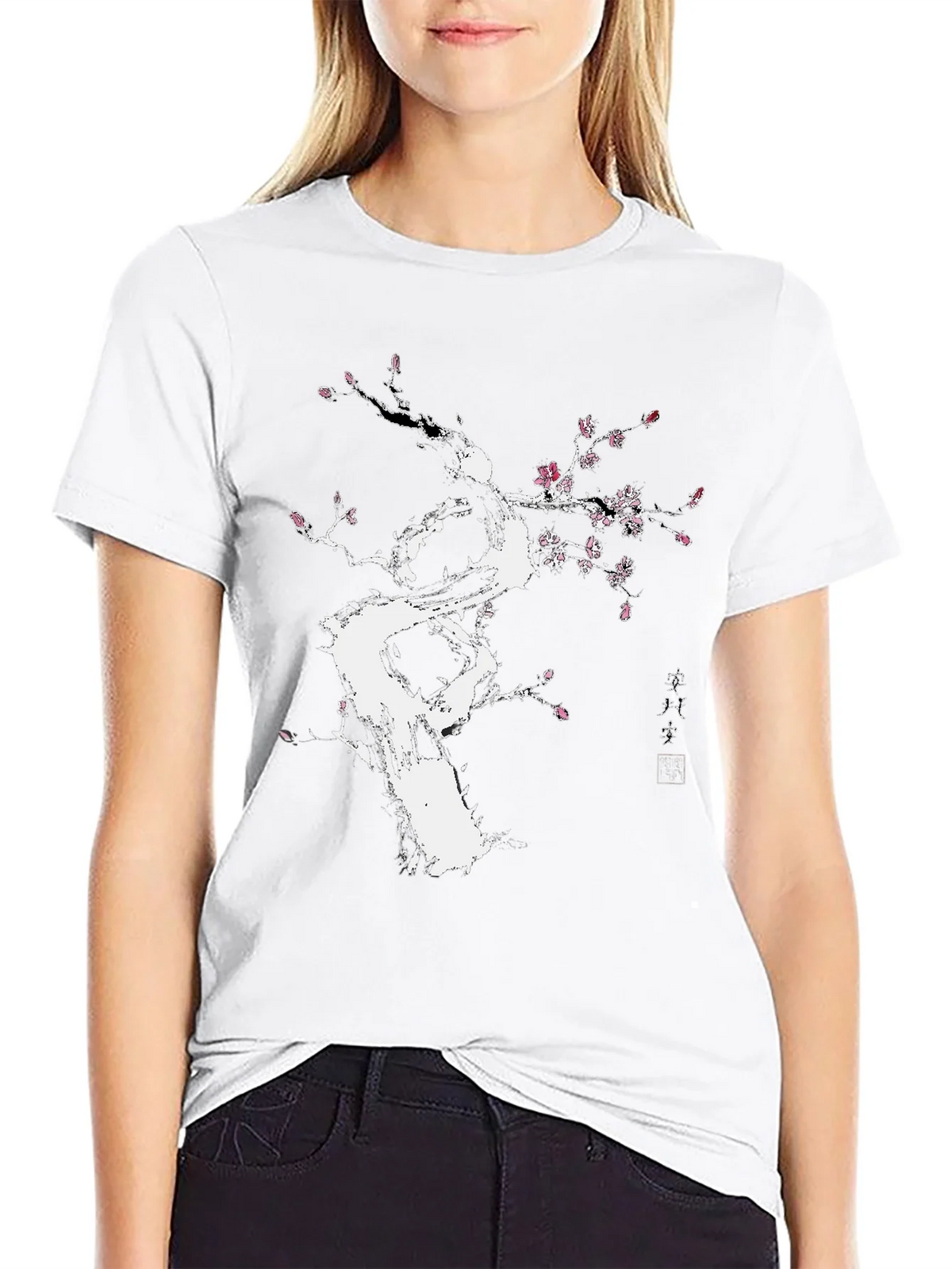 Black T-Shirt with White Floral Tree Design product image 8