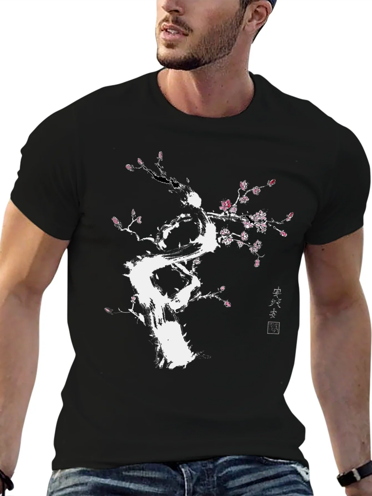 Black T-Shirt with White Floral Tree Design product image 6