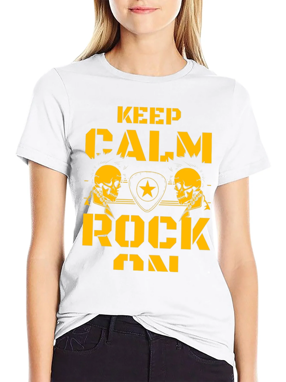 Keep Calm Rock On Black T-Shirt with Skull Graphics product image 8