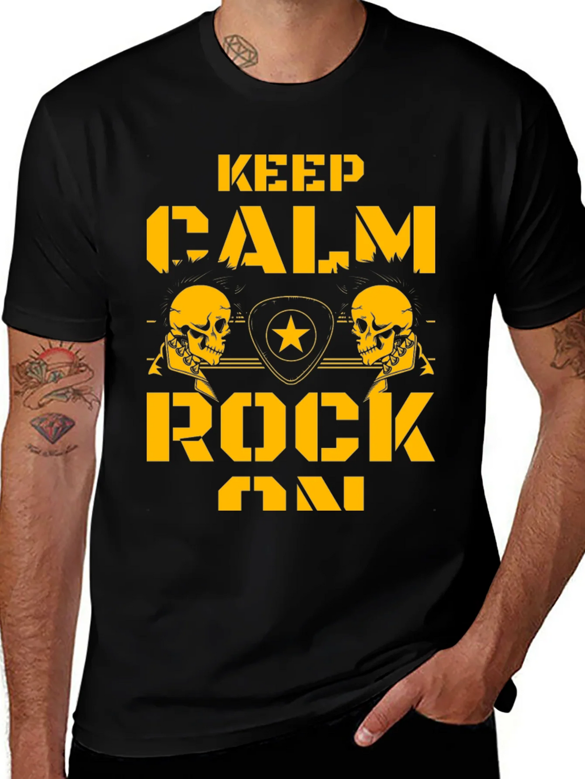 Keep Calm Rock On Black T-Shirt with Skull Graphics product image 1