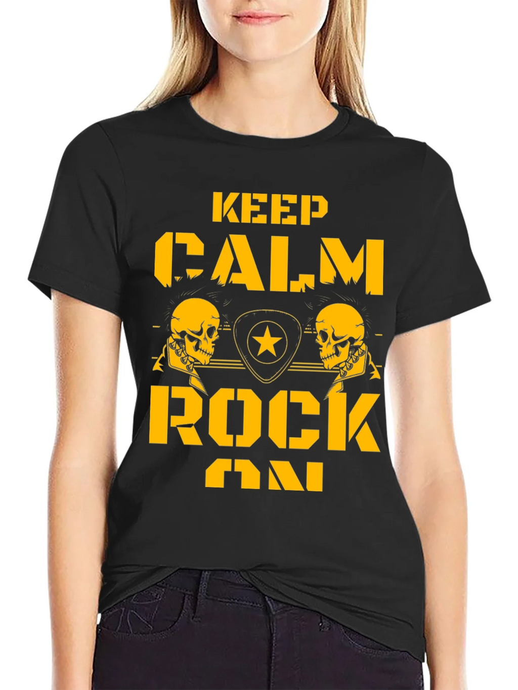 Keep Calm Rock On Black T-Shirt with Skull Graphics product image 2