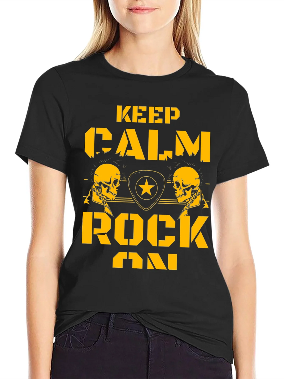 Keep Calm Rock On Black T-Shirt with Skull Graphics product image 2