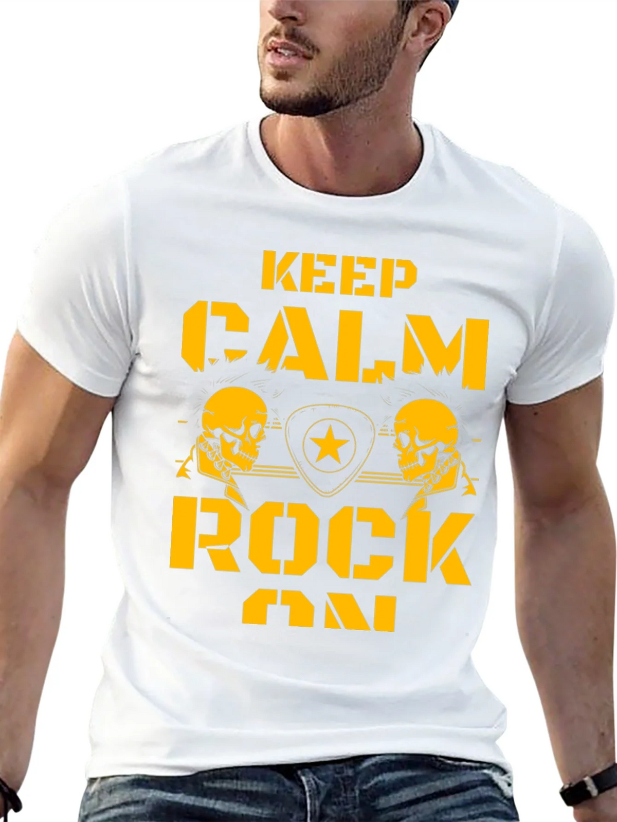 Keep Calm Rock On Black T-Shirt with Skull Graphics product image 12