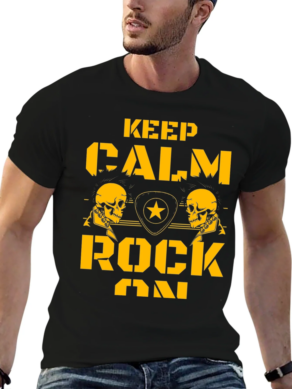 Keep Calm Rock On Black T-Shirt with Skull Graphics product image 6