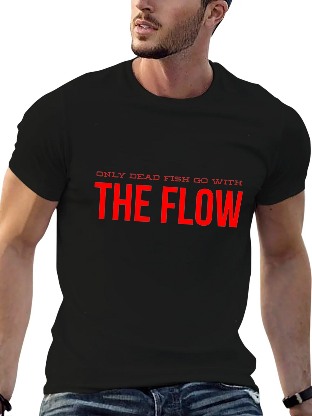 Only Dead Fish Go With The Flow Black T-Shirt product image 4