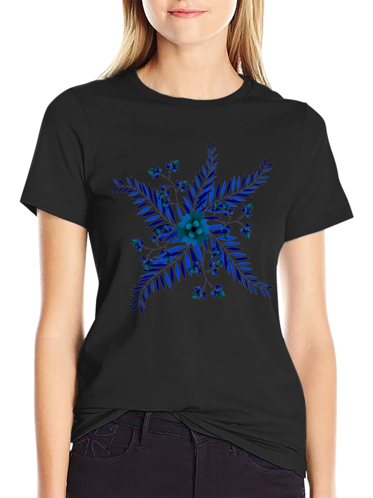 Blue Floral Print Black T-Shirt product image 2