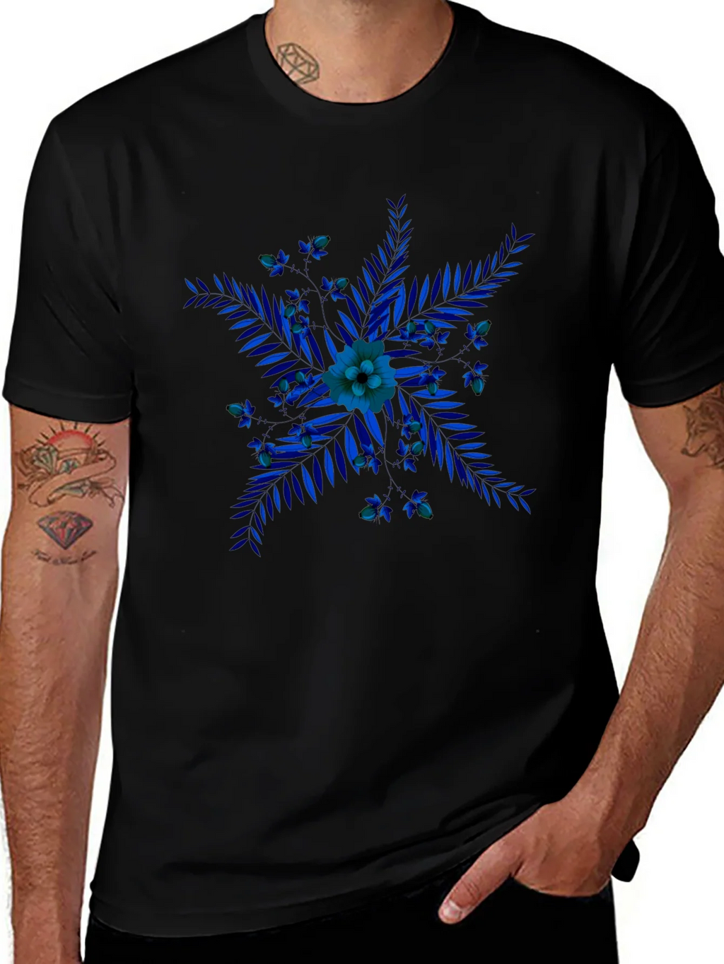 Blue Floral Print Black T-Shirt product image 1