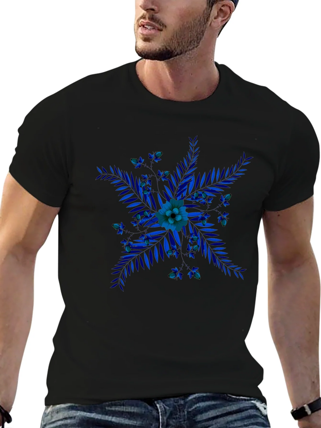 Blue Floral Print Black T-Shirt product image 6
