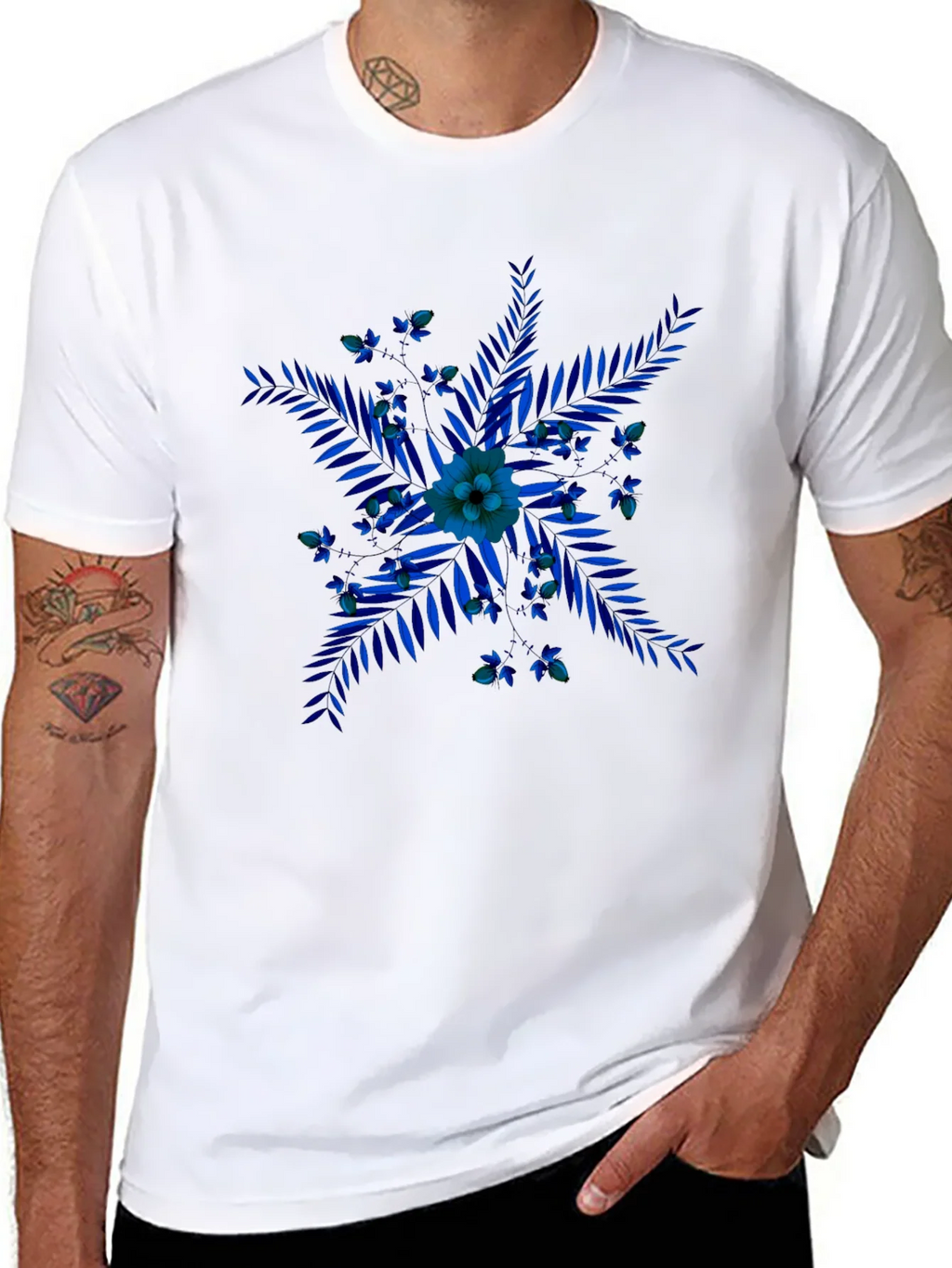 Blue Floral Print Black T-Shirt product image 7