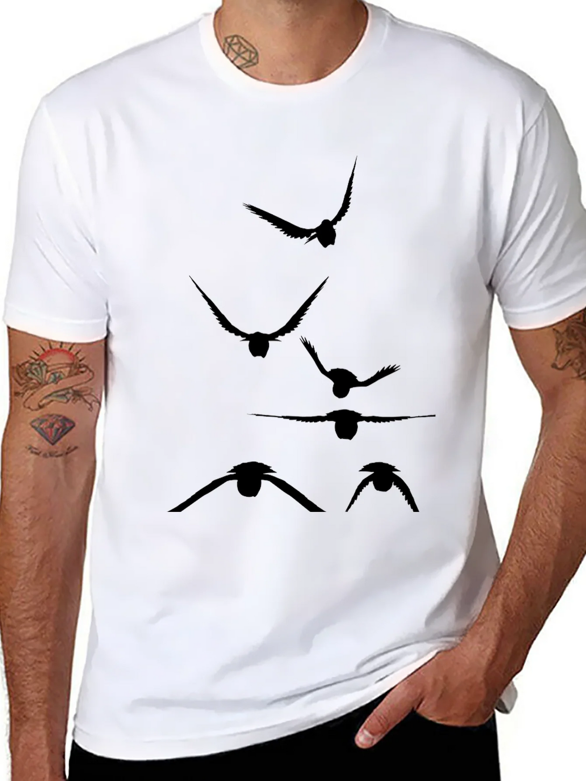 Mens Black T-Shirt with Flying Bird Silhouette Design product image 7